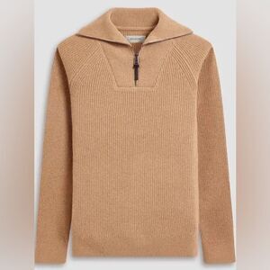 BUGATCHI Fisherman Rib-Stitch Quarter-Zip Wool Blend Sweater, Camel, Large NWT